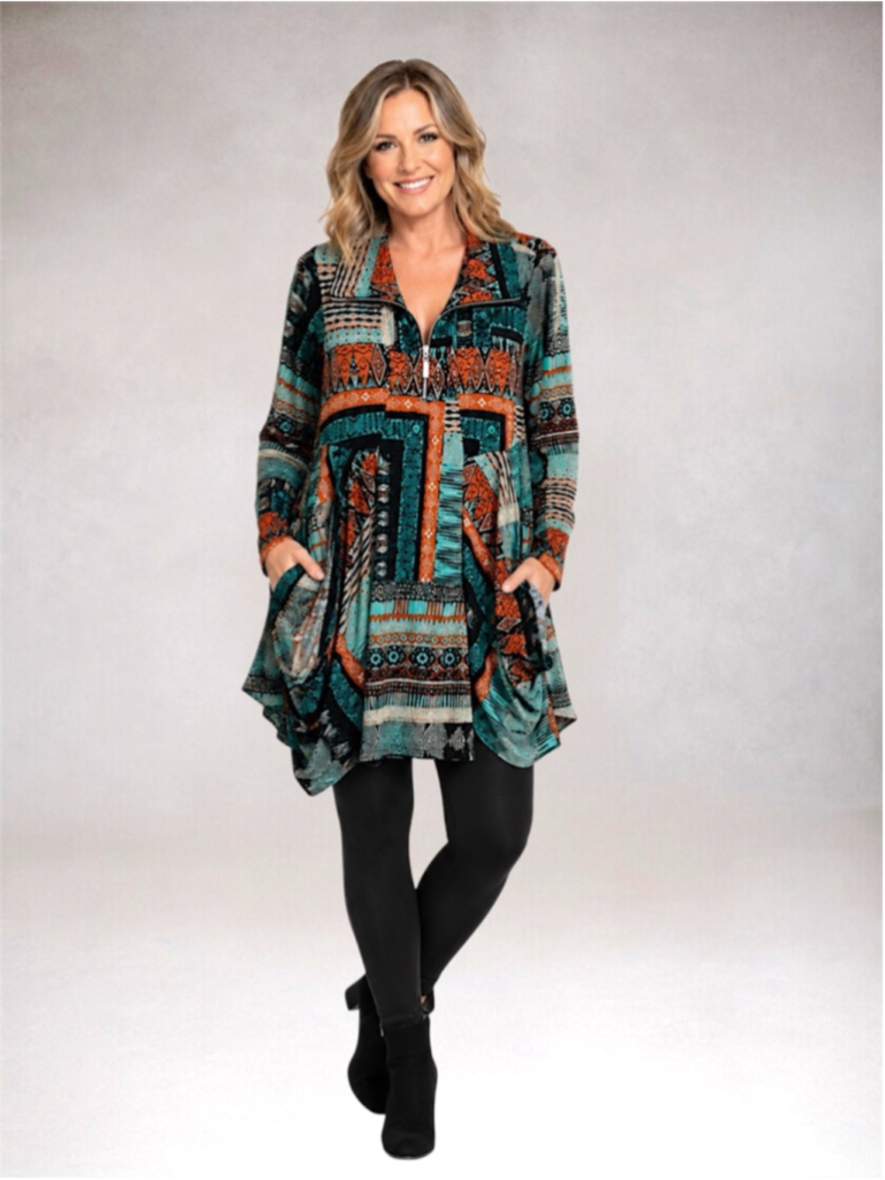 Sharon Max Half-Zip Aztec Print Flowy Tunic Dress – Size L
